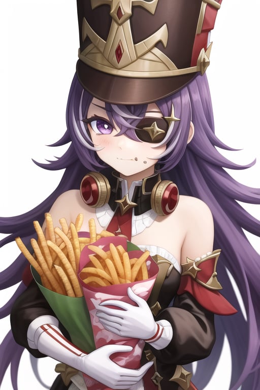 Chevreuse,1girl,food,food on face,solo,hat,purple hair,holding,eyepatch,french fries,long hair,gloves,eating,purple eyes,holding food,looking at viewer,white gloves,white background,bare shoulders,bangs,military hat,uniform,hair between eyes,simple background,chicken \(food\), 1girl,
(masterpiece,best quality:1.2),absurdres