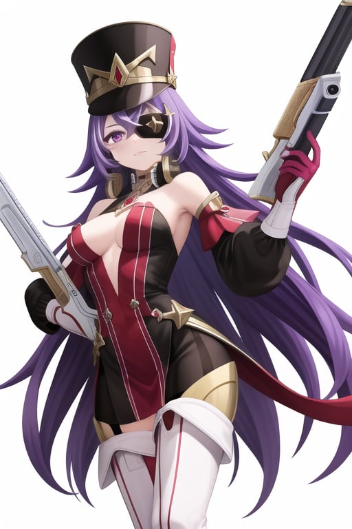 Chevreuse,1girl, hat, purple hair, solo, purple eyes, long hair, gloves, holding, thigh boots, eyepatch, gun, white background, boots, bare shoulders, pantyhose, holding gun, white gloves,looking at viewer, weapon, thighhighs, breasts, holding weapon, bangs, simple background, detached sleeves, 1girl,  (masterpiece,best quality:1.2),absurdres