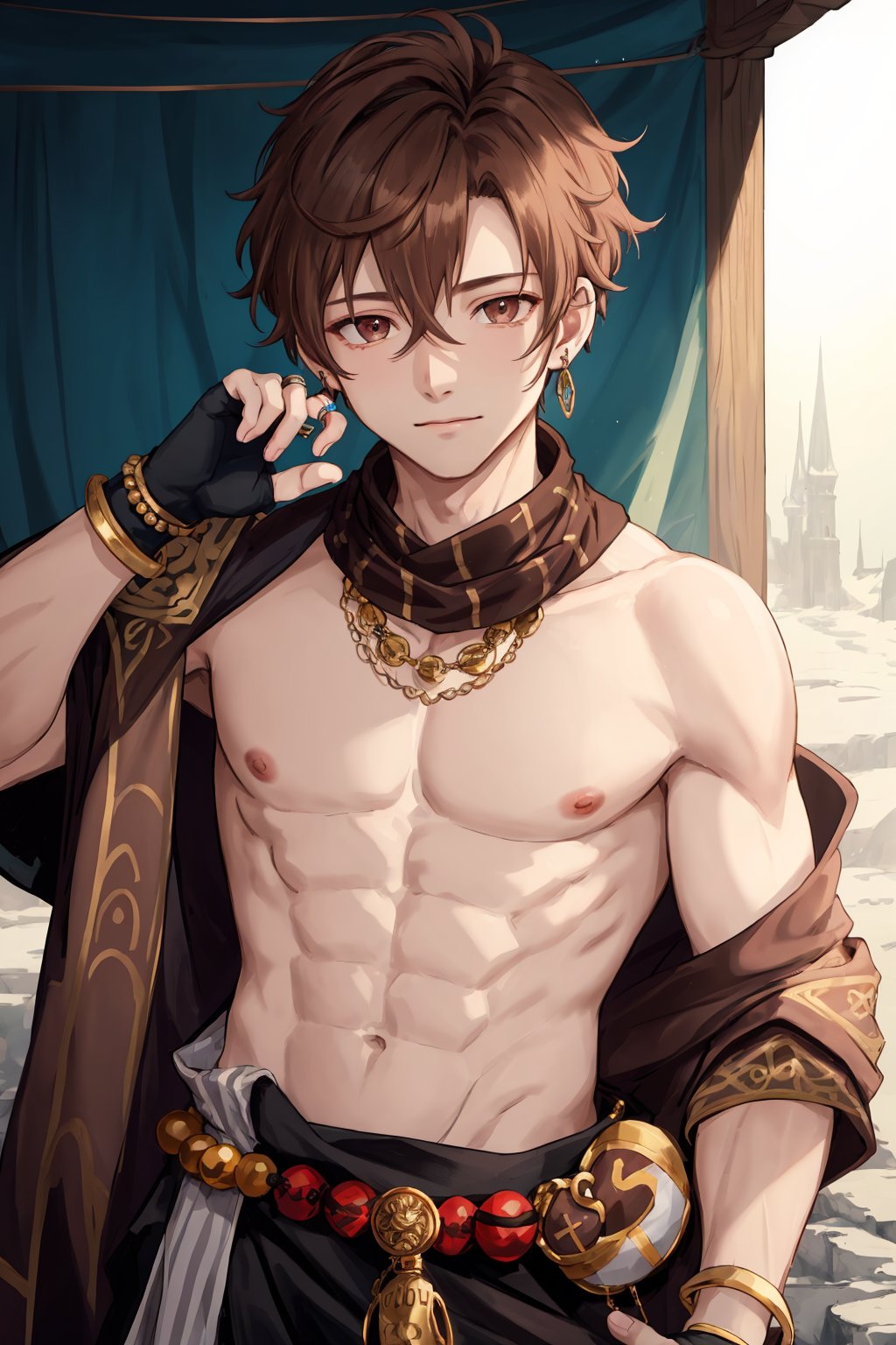 1boy, beads, colored extremities, depth of field, earrings, fingerless gloves, glint, hair between eyes, 
jewelry, light brown hair, male focus, nail polish, on stomach, ring, sash, topless male, upper body