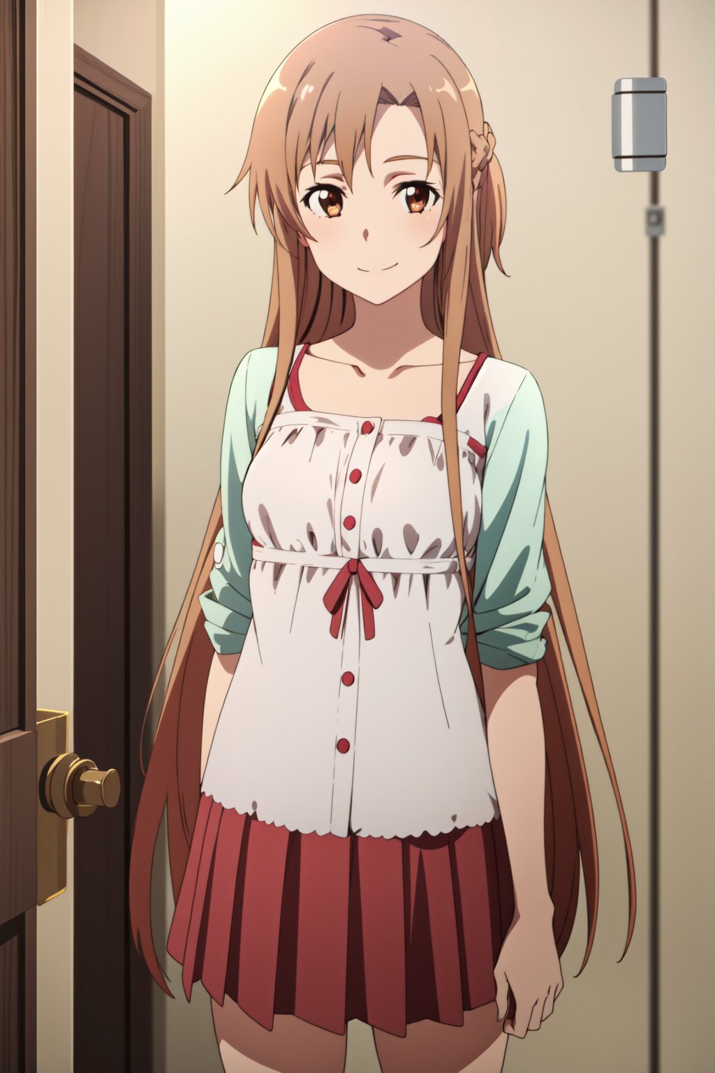 <lora:anime_screencap_v2:0.3> tall body, tall, long legs, mature female, mature, adult, <lora:GoodHands-beta2:1.4>, simple background, indoors <lora:eft_s1_asuna:0.8> Eft_sao_asuna, 1girl, asuna (sao), long hair, brown hair, brown eyes, solo, smile, skirt, collarbone, standing, indoors, holding, shirt