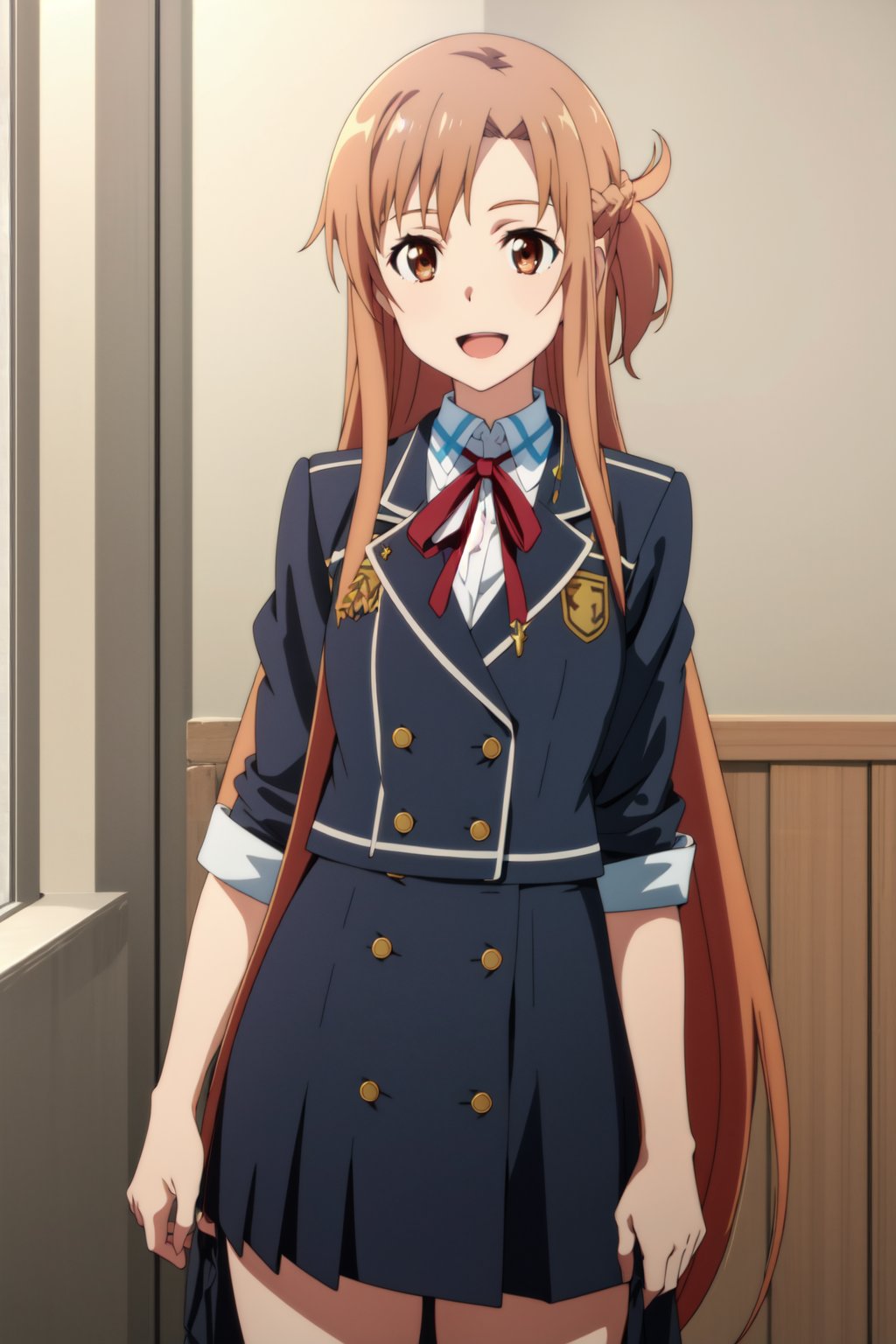 <lora:anime_screencap_v2:0.3> tall body, tall, long legs, mature female, mature, adult, <lora:GoodHands-beta2:1.4>, simple background, indoors <lora:eft_s1_asuna:0.8> Eft_sao_asuna, asuna (sao), 1girl, long hair, solo, brown hair, brown eyes, school uniform, holding, open mouth, red ribbon, neck ribbon, indoors, ribbon, smile, braid, standing, very long hair, skirt, half updo, shirt, pleated skirt, black skirt