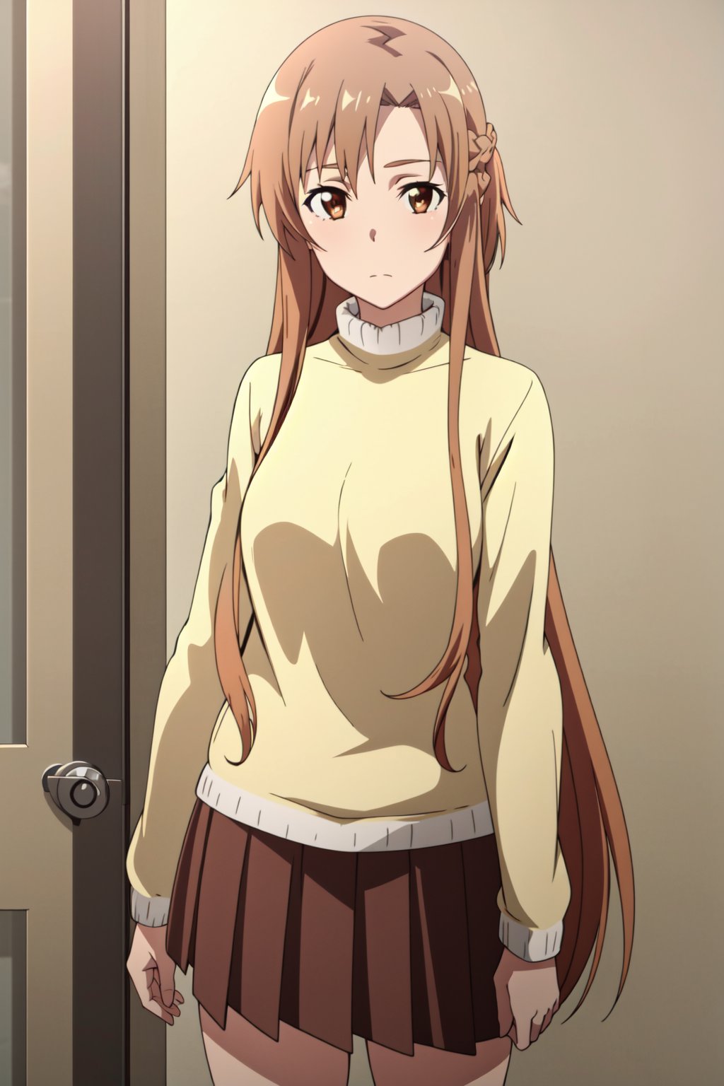 <lora:anime_screencap_v2:0.3> tall body, tall, long legs, mature female, mature, adult, <lora:GoodHands-beta2:1.4>, simple background, indoors <lora:eft_s1_asuna:0.8> Eft_sao_asuna, 1girl, long hair, asuna (sao), brown hair, solo, brown eyes, skirt, sweater, looking at viewer, standing, long sleeves, braid, very long hair