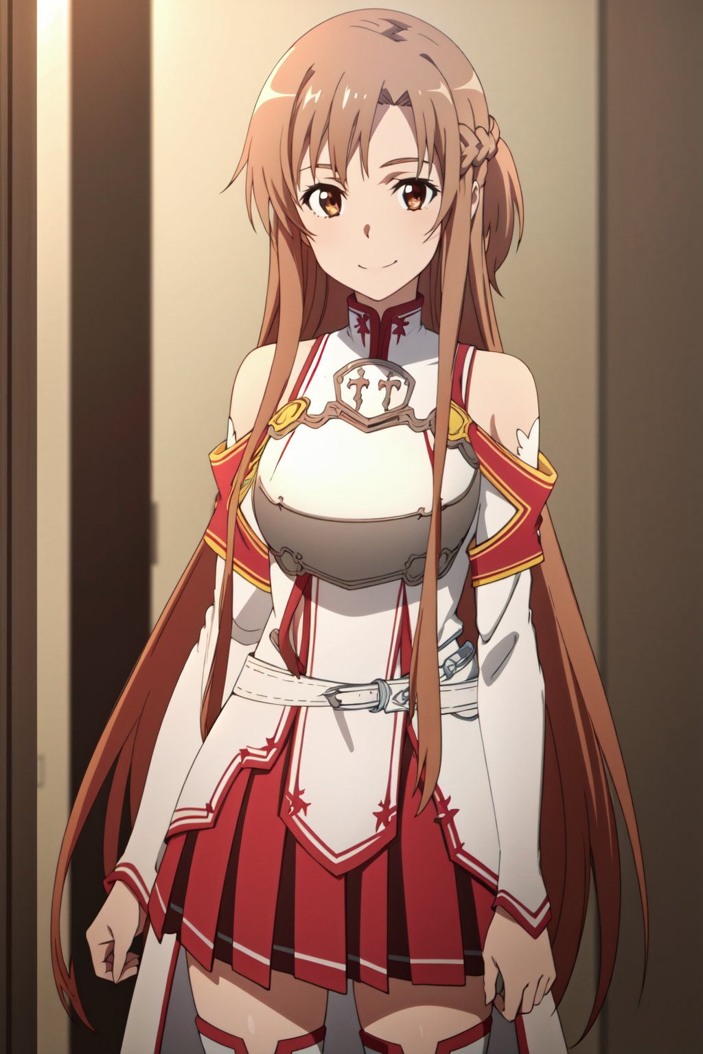 <lora:anime_screencap_v2:0.3> tall body, tall, long legs, mature female, mature, adult, <lora:GoodHands-beta2:1.4>, simple background, indoors <lora:eft_s1_asuna:0.8> Eft_sao_asuna, 1girl, long hair, asuna (sao), brown hair, brown eyes, solo, weapon, sword, thighhighs, skirt, smile, armor, breastplate, detached sleeves, pleated skirt, white thighhighs, looking at viewer, bare shoulders, red skirt, very long hair