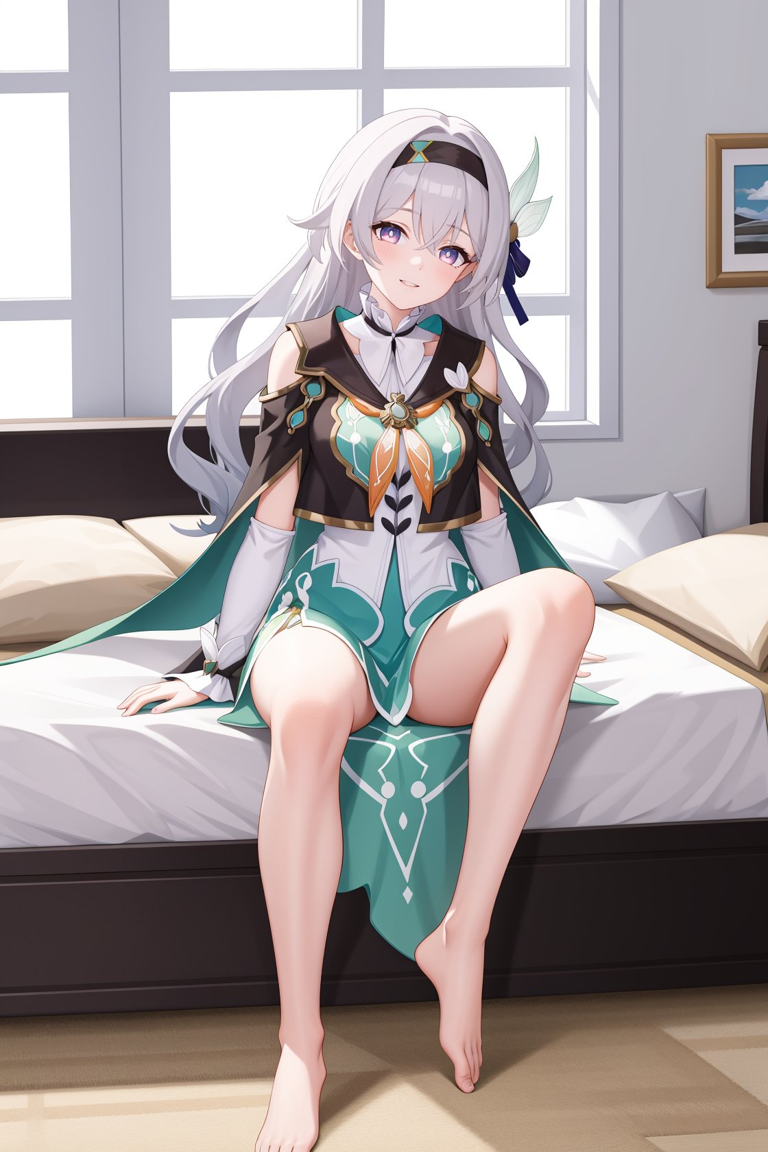 1girl,a girl named liuying,liuying,long sleeves,long hair,high quality,black hairband,(purple eyes:0.6),light smile,black capelet,green dress,full body,grey hair,bare legs,<lora:流萤21-000011:0.9:lbw=char>,sitting,spread legs,indoors,bedroom, (masterpiece,best quality:1.2),absurdres, high quality,