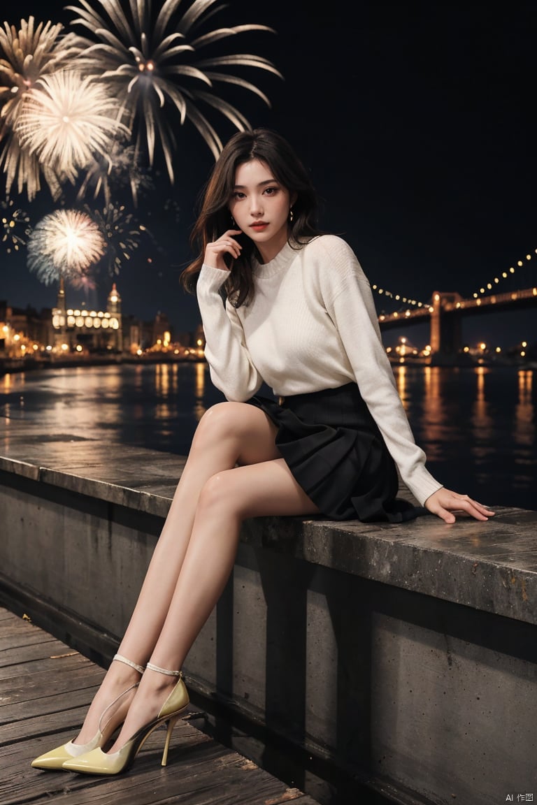  1girl,fashion model,female focus,(masterpiece, realistic, best quality, highly detailed, profession),asian,pretty,Charming eyes,exquisite facial features,bangle,sweater,dress_shirt,skirt,white pantyhose,high heels,sitting,night,neon,beach of city,new year,cowboy shot,cinematic composition,blurry,plns,sw, fireworks