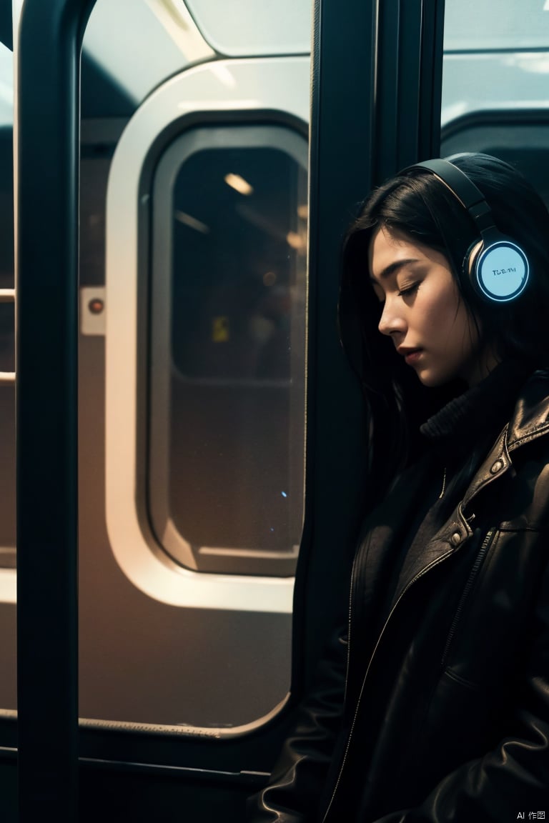  1girl leans against the door of a train, his eyes closed as he listens to music through his headphones,(The train is passing through a city at night), and the city lights flicker in the window behind him,his face is serene, a contrast to the bustling world outside,The scene captures a moment of personal tranquility amidst the urban chaos,(close up),dark lighting,cyberpunk,HUBG_Film_Texture,plns