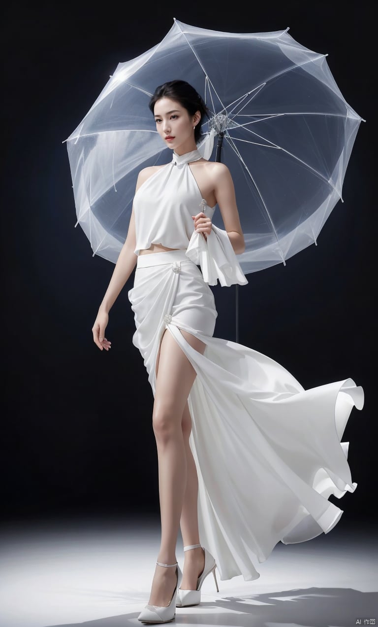  elegant asian woman in a white Chiffon dress,standing,dynamic pose,(the skirt sways with the wind:1.2),(skirt_hold:1.2),(blackpantyhose),high heels,Charming eyes,sideways_glance,exquisite facial features,slim legs,graceful yet melancholic posture,full shot,dutch angle,from_side,medium_shot,soft lighting,dramatic,studio lighting,(masterpiece, realistic, best quality, highly detailed, Ultra High Resolution, Photo Art, profession,cinematic_angle),plns,sw,1girl, dress