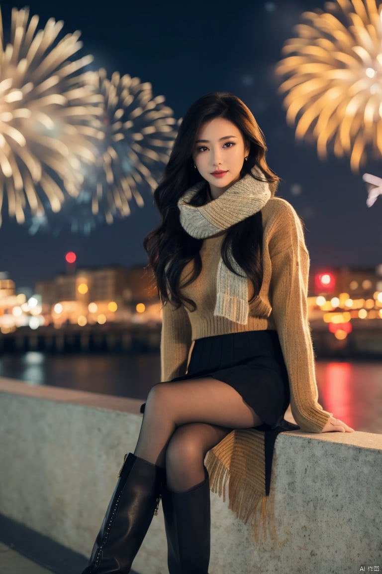 1girl,fashion model,female focus,(masterpiece, realistic, best quality, highly detailed, profession),asian,pretty,Charming eyes,exquisite facial features,bangle,sweater,scarf,skirt,black pantyhose,boots,sitting,night,neon,beach of city,new year,cowboy shot,cinematic composition,blurry,plns,sw, fireworks