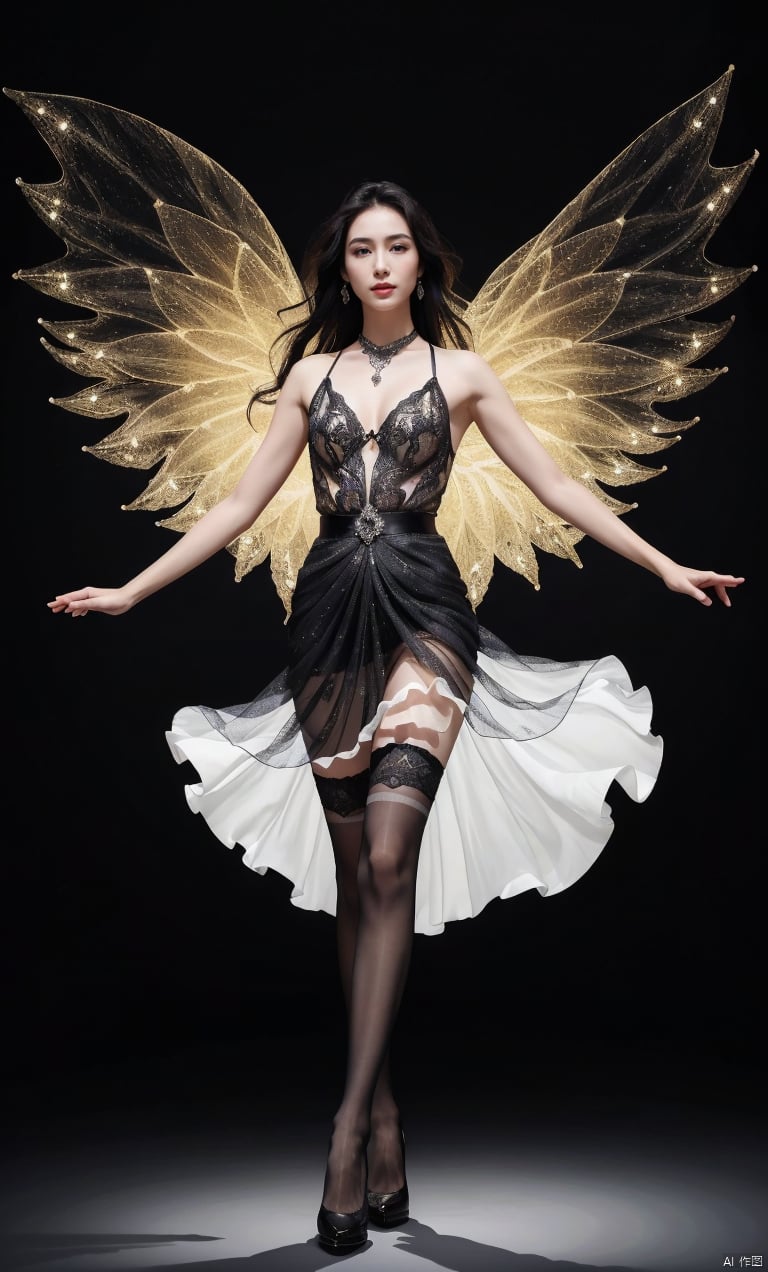  elegant asian woman in a black Mosaic dress,dance, Fairy, crystal, jewels,black, Crystal clear,standing,dynamic pose,(the skirt sways with the wind:1.2),(skirt_hold:1.2),(stockings,sock garters),high heels,Charming eyes,sideways_glance,exquisite facial features,slim legs,graceful yet melancholic posture,full shot,dutch angle,from_side,medium_shot,soft lighting,dramatic,perfect lighting,simple_background,(masterpiece, realistic, best quality, highly detailed, Ultra High Resolution, Photo Art, profession,cinematic_angle),plns,sw,1girl, dress,nature,colorful,