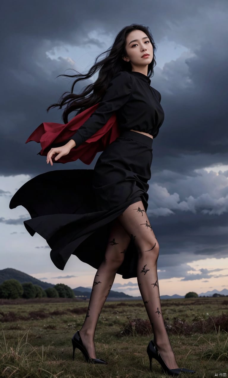  elegant asian woman in a black evening_gown,standing in a field,dynamic pose,(the skirt sways with the wind:1.2),(skirt_hold:1.2),(black pantyhose),high heels,Charming eyes,sideways_glance,exquisite facial features,slim legs,on the eve of the storm,dark clouds,cumulonimbus,solitary and mysterious atmosphere,graceful yet melancholic posture,full shot,dutch angle,from_side,medium_shot,soft lighting,outdoor,natural landscape,dramatic,perfect lighting,(masterpiece, realistic, best quality, highly detailed, Ultra High Resolution, Photo Art, profession,cinematic_angle),plns,sw,1girl, blackpantyhose,print legwear