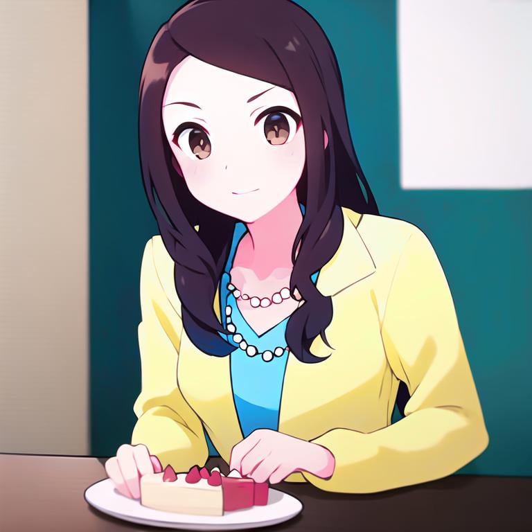 , best quality, masterpiece, intricately detailed, expert shading, diffuse dynamic lighting, cinematic shadows, beautiful, seiyuu, voice actor, highres 4k, hdr, rtx on , birthday cake, [realism], perfect hands, yellow jacket, blue sweater, beads, necklace,chihara minori, medium black hair, swept parted bangs, <lora:pixai minorin 2D hassaku:1>