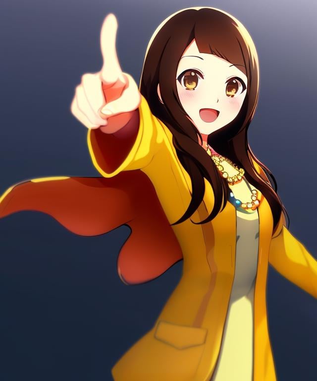 <lora:pixai minorin 2D hassaku:0.85>, minorin, chihara minori,  medium dark hair, swept parted bangs, 1 adult  woman,  brown eyes,   smile, pointing, open mouth, outstretched arm, solo, brown hair, :d, bangs, long hair,   blush, blue dress under open yellow jacket,  arm up, open clothes, long sleeves,  bead  necklace,intricately detailed, highres 4k, hdr, diffuse dynamic lighting, cinematic shading, rtx on , masterpiece, best quality, seiyuu, voice actor, 