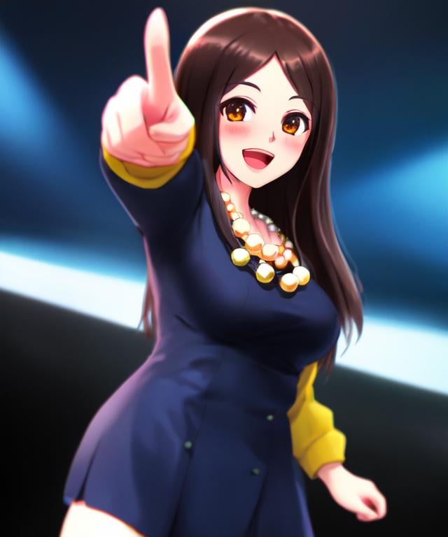 <lora:pixai minorin 2.5D any5 real:0.85>, minorin, chihara minori,  medium dark hair, swept parted bangs, 1 adult  woman,  brown eyes,   smile, pointing, open mouth, outstretched arm, solo, brown hair, :d, bangs, long hair,   blush, blue dress under open yellow jacket,  arm up, open clothes, long sleeves,  bead  necklace,intricately detailed, highres 4k, hdr, diffuse dynamic lighting, cinematic shading, rtx on , masterpiece, best quality, seiyuu, voice actor, 