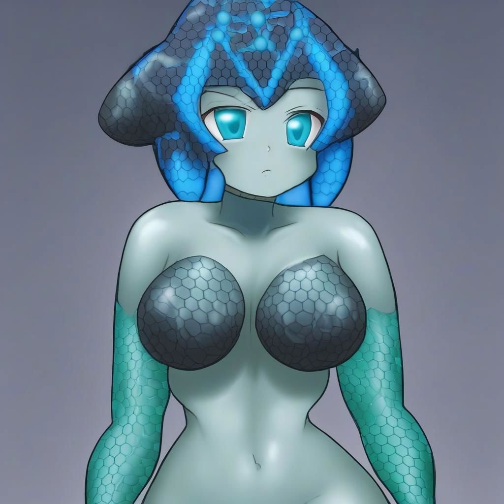 masterpiece, best quality, suutairu style, anime grey slimegirl with blue wavy hair is standing with hands raised and a serious expression., grey goo, 1 girl, slime girl, fishnet, hexagonal pattern, teal eyes, colored skin, nude, no nipples, large breasts, frown, personification, alien, blue energy sparks in her tummy, exotic