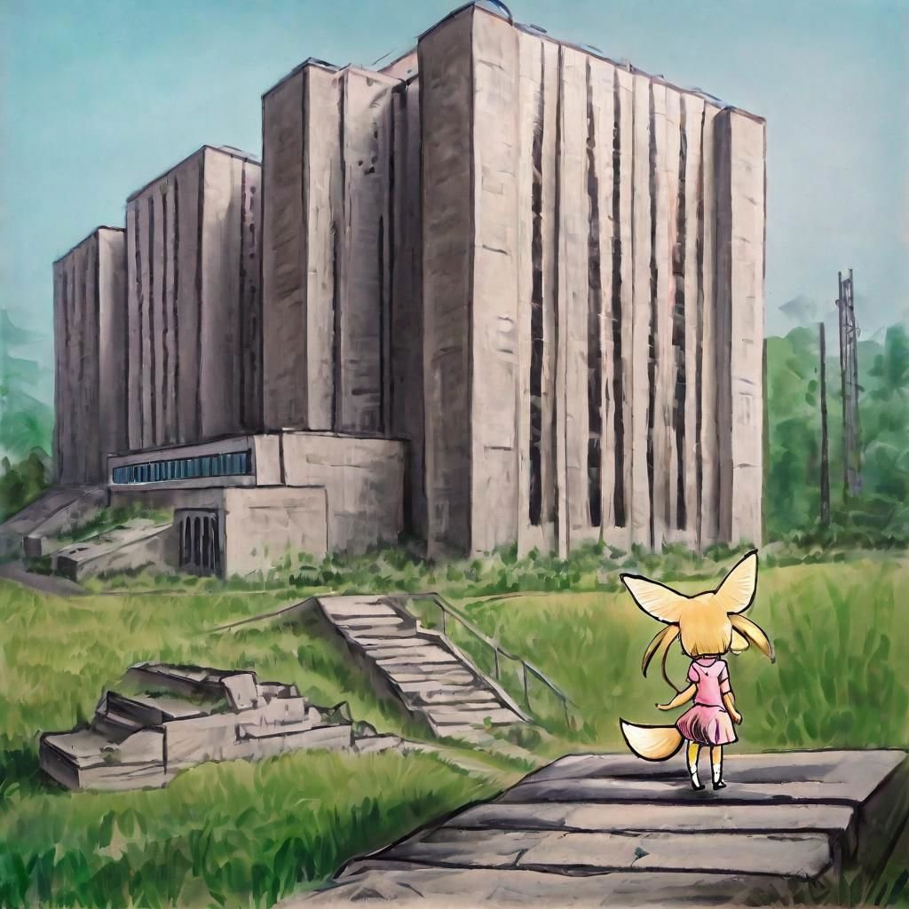 masterpiece, best quality,  suutairu style, Tiny pink fennec girl is standing on overgrown stone stairs in front of a huge soviet modernist building with pylons., Greenery and a hangar in background., architecture, scenery, outdoors, 1 girl, wide scale, abandoned, animal ears