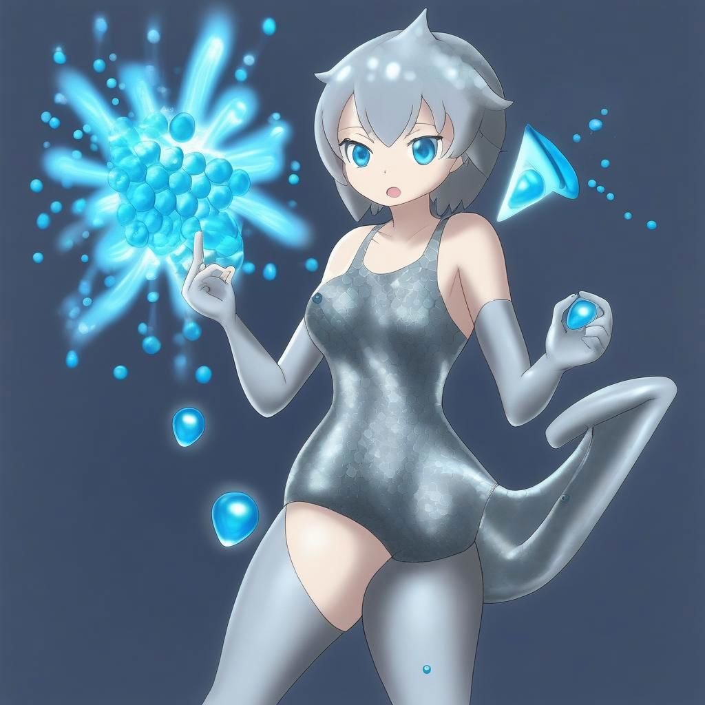 masterpiece, best quality,suutairu style, anime drawing of a slimegirl in a grey swimsuit striking a pose while firing a party popper with her hand upwards., grey goo, blurry azure background, triangle mouth, tentacle hair, hexagonal pattern, thighs, thighhighs, blue eyes, water droplets, ahoge, shiny body, personification, cowlick