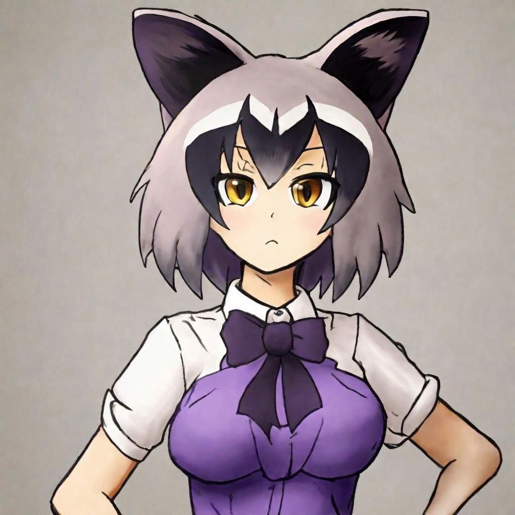 masterpiece, best quality, suutairu style, A halfbody shot of a purple raccoon anime girl with black bow tie standing with her hands on her hips posing for a picture with open mouth and yellow eyes., kemono friends, simple background, breasts, 1 girl, animal girl, short sleeves, animal ears, solo