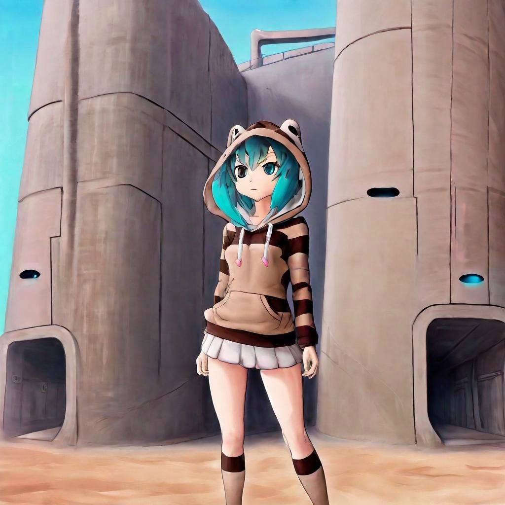 masterpiece, best quality, suutairu style, Anime drawing of a snake girl in striped brown hoodie standing with hands in pockets in front of a sci-fi contra bunker amidst desert., kemono friends, 1 girl, tsuchinoko, size difference, snake tail, geta, bare legs, teal hair, aqua eyes, pink straps, outdoors, blue futuristic building, bunker door