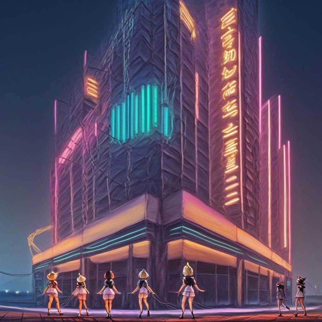 suutairu style, Abstract digital painting of futuristic city street with neon lights and wires with 4 people standing in front of a towering building that has huge foxgirl bust on top of it., kemono friends, multiple girls, giant, cyberpunk, sci-fi, architecture, wide scale, retrowave, blonde hair, cityscape, outdoors, 1984,masterpiece, best quality