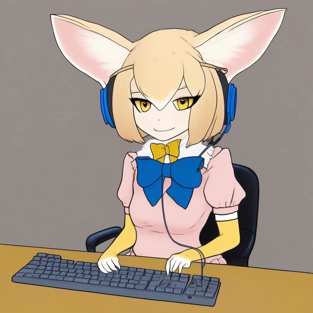 masterpiece, best quality, suutairu style, Anime drawing of a pink fennec girl holding blue headphones and sitting behind a desk with a grey keyboard in front of her., kemono friends, 1 girl, indoors, short sleeves, yellow bowtie, large ears, expressionless, yellow theme, animal ears, japari symbol, simple background