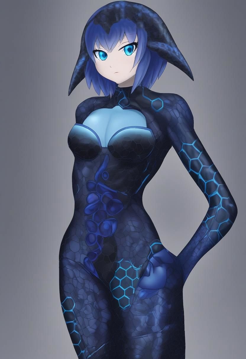 masterpiece, best quality, suutairu style, anime drawing of a blue  slimegirl in a shiny black swimsuit with honeycomb pattern and tentacles.BREAK. There is a small one-eyed creature sitting on her shoulder.BREAK, grey goo, blue eyes, colored skin, thighhighs, black background, thick thighs, hexagonal pattern, fancy hairdo