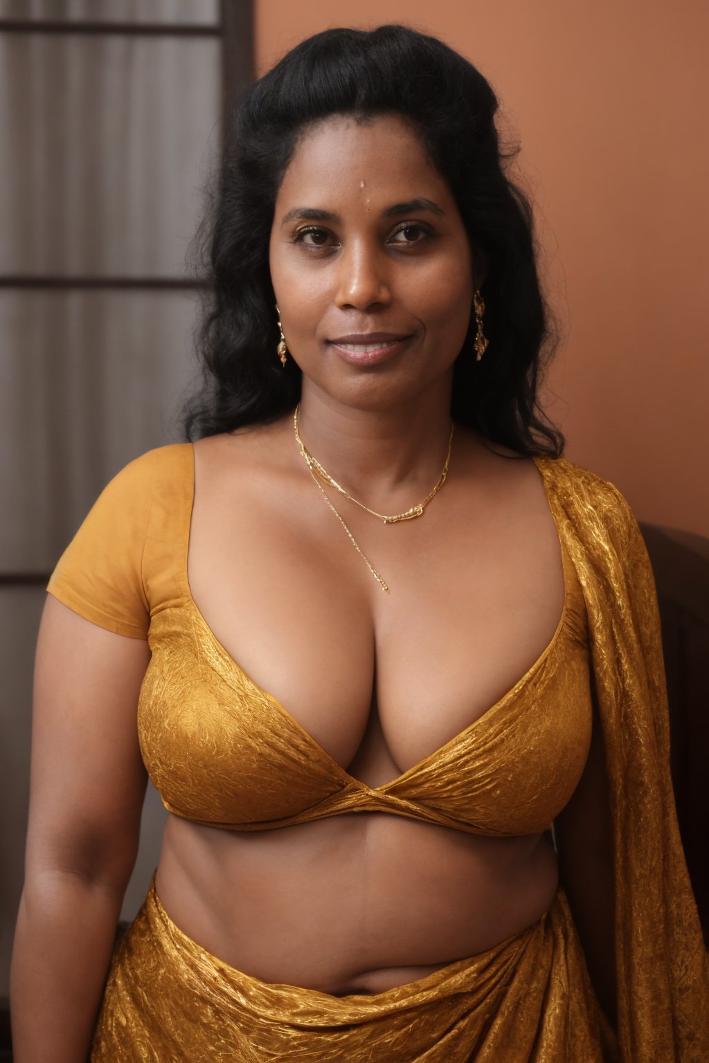 40 years old women, (big navel), solo, long hair, breasts, looking at viewer, smile, large breasts, black hair, navel, cleavage, brown eyes, jewelry, earrings, midriff, indoors, dark skin, necklace, lips, chair, between breasts, plump, realistic, nose, belly,photorealistic