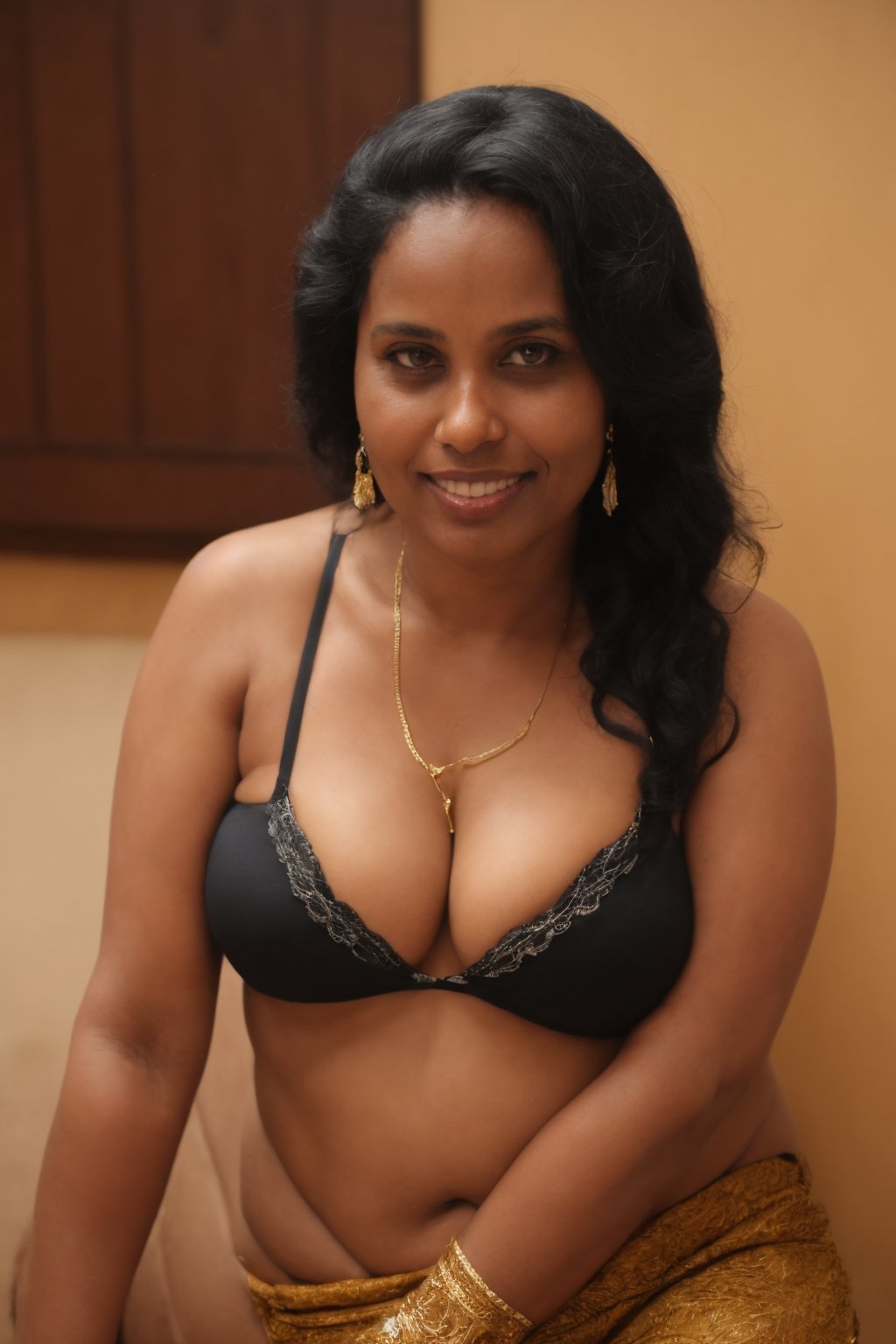 40 years old women, (big navel), solo, long hair, breasts, looking at viewer, smile, large breasts, black hair, navel, cleavage, brown eyes, jewelry, earrings, midriff, indoors, dark skin, necklace, lips, chair, between breasts, plump, realistic, nose, belly,photorealistic