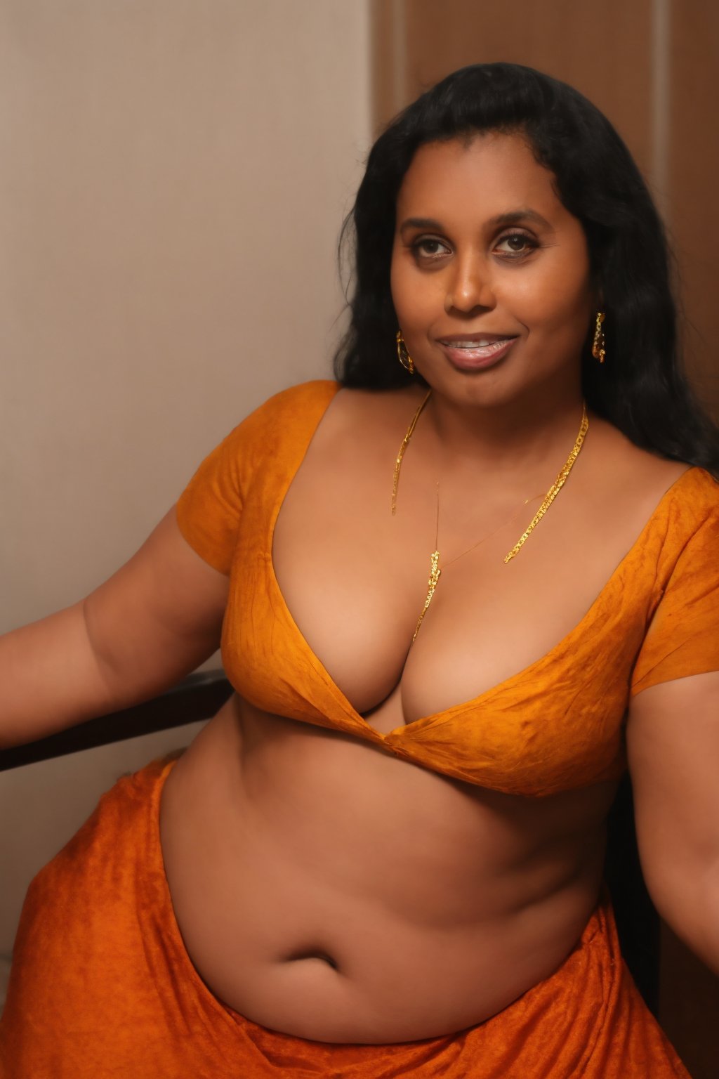 40 years old women, (big navel), solo, long hair, breasts, looking at viewer, smile, large breasts, black hair, navel, cleavage, brown eyes, jewelry, earrings, midriff, indoors, dark skin, necklace, lips, chair, between breasts, plump, realistic, nose, belly,photorealistic