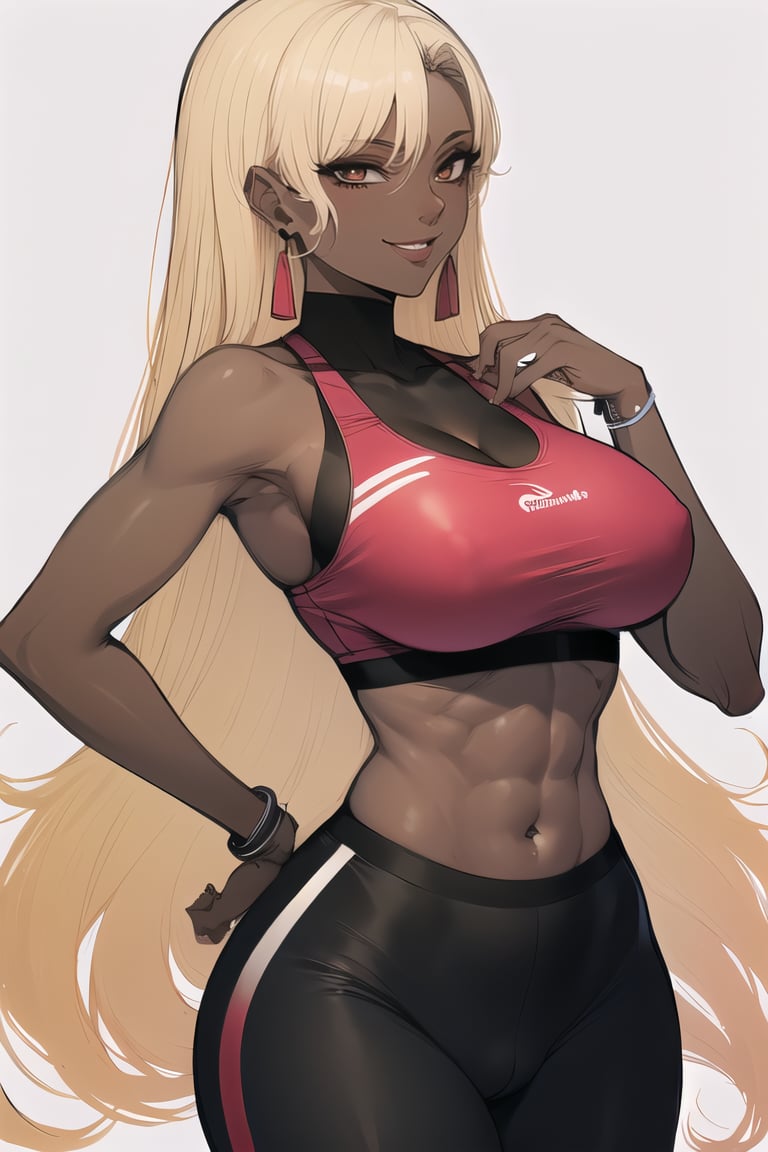 1futa,red sports bra,smirk,midriff,toned body,blonde_hair,hour glass body,(masterpiece,best quality,4K,8K,HD,UHD) ,sks,morning_hair,gyaru,thicc,dark_skin,dark_skin_female,big_hair,dickgirl,big_dick,erected_penis