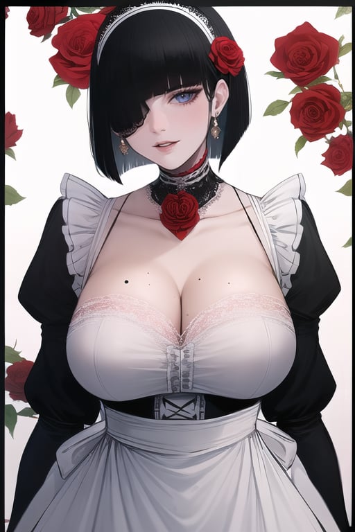 1girl, solo, breasts, looking at viewer, short hair, bangs, large breasts, black hair, gloves, long sleeves, dress, jewelry, collarbone, upper body, flower, earrings, frills, parted lips, choker, puffy sleeves, white gloves, blunt bangs, mole, apron, black dress, grey eyes, maid, maid headdress, mole under eye, tattoo, rose, eyepatch, border, bob cut, juliet sleeves, red flower, waist apron, lace trim, white apron, mole under mouth, maid apron, frilled apron, red rose, one eye covered, red lips, flower tattoo