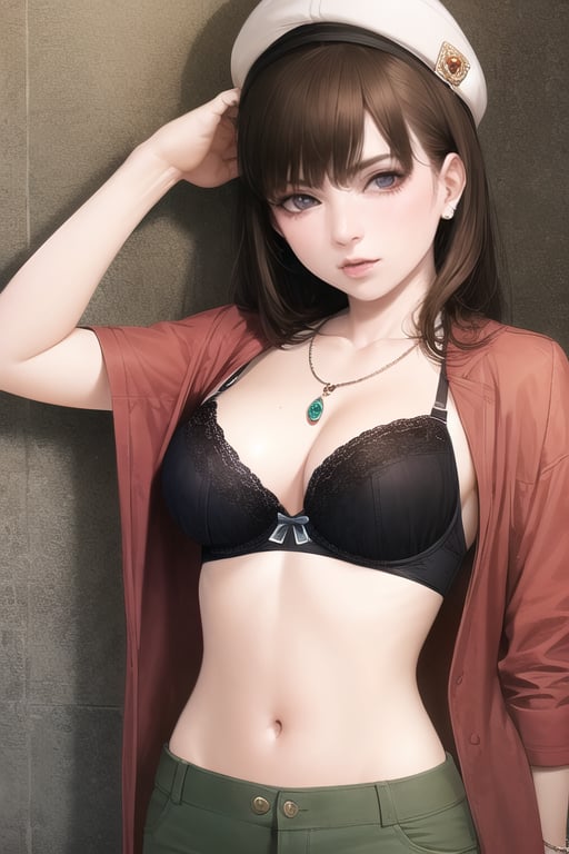 1girl, solo, brown hair, hat, jewelry, underwear, pants, necklace, bra, black bra, realistic, green pants