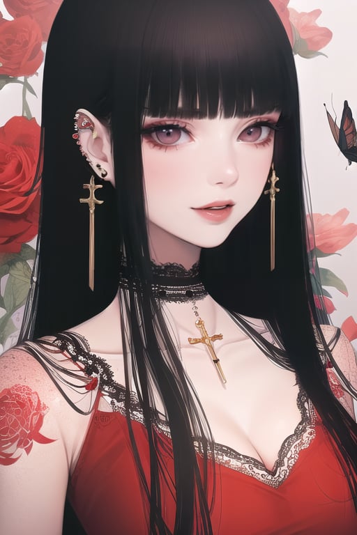 1girl, solo, long hair,emotionless, looking at viewer, bangs, black hair, red eyes, dress, jewelry, upper body, flower, earrings, parted lips, choker, blunt bangs, necklace, nail polish, mole, head tilt, petals, tattoo, makeup, rose, piercing, red dress, ring, cross, bug, lipstick, red flower, butterfly, ear piercing, mole under mouth, hime cut, red lips,sks,strong_eyeliner