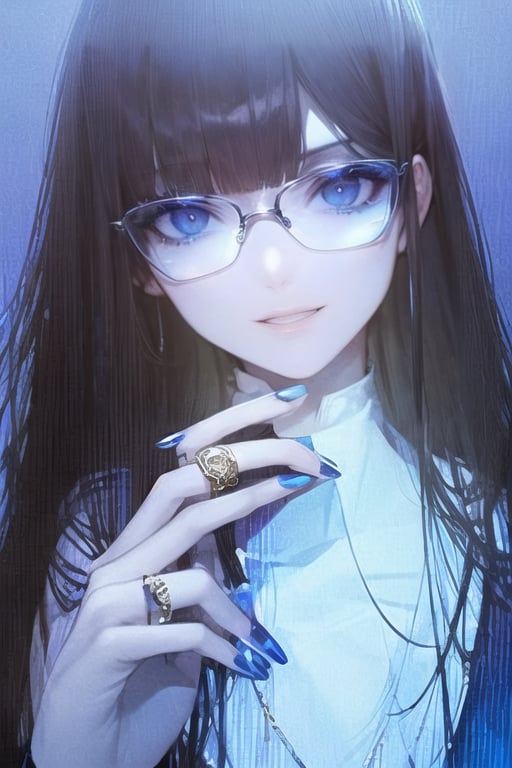 1girl, solo, long hair, jewelry, glasses, nail polish, ring, portrait, blue nails, blue theme, adjusting eyewear,middle_finger