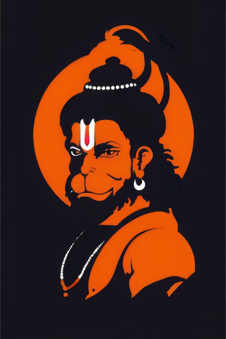 hanumanji art,Create a minimalist yet captivating vector art representation of Hanumanji, the revered Hindu deity known for his strength, devotion, and loyalty. The artwork should be rendered in a flat, two-color style, embracing the simplicity and elegance of minimalism. Hanumanji should be depicted in a powerful yet serene pose, radiating an aura of divine grace. His iconic features, including the prominent eyes and muscular physique, should be subtly conveyed through clean lines and precise shapes. The composition should convey a sense of tranquility and reverence, capturing the essence of Hanumanji's spiritual significance. Embrace the principles of simplicity and restraint, allowing the essence of the deity to shine through in this minimalist masterpiece.