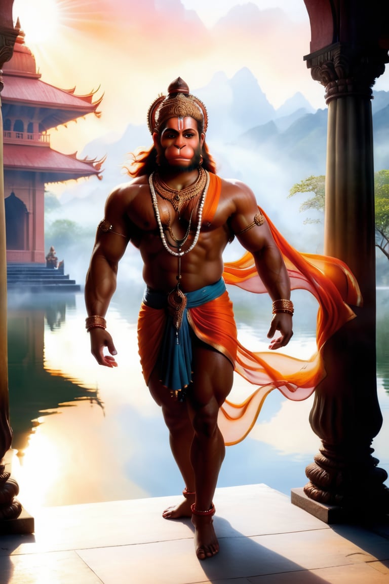 hanumanji art,"In the spirit of divine reverence, create a photorealistic oil paint-style portrayal of Hanumanji, the revered deity from Hindu mythology. The scene is set in a sacred temple bathed in warm, soft light, casting gentle shadows. Hanumanji, with rippling muscles and a serene countenance, stands in a dynamic pose, embodying strength and devotion. Render the intricate details of his orange-hued skin, the flowing contours of his attire, and the intricate jewelry that adorns him. The divine aura surrounding him should evoke a sense of tranquility and spiritual energy. Opt for a medium shot with a 50mm lens, capturing the essence of Hanumanji in this moment of divine grace."
