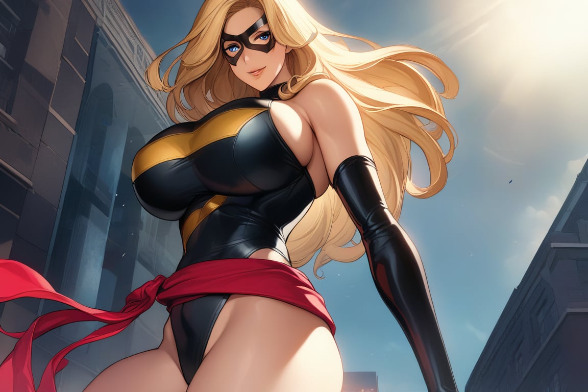 masterpiece,  best quality,  ultra-detailed,  absurdres,  extremely detailed CG unity 8k wallpaper,  Official Art,  Accurate describe shapes,  beautiful face, expressive eyes,  upper body,  looking at viewer,  solo, close-up, city, scenery, dramatic lighting,  standing, seductive smile,  1girl,  mature female,  older,  milf,  motherly, huge breasts, blonde hair, blue eyes, wide hips, MsMarvel, Black Leotard, Red Belt, eye mask, bare shoulders, elbow gloves, black gloves,  ,  masterpiece,  absurdres,  HDR  