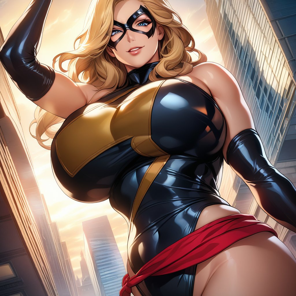 masterpiece,  best quality,  ultra-detailed,  absurdres,  extremely detailed CG unity 8k wallpaper,  Official Art,  Accurate describe shapes,  beautiful face, expressive eyes,  upper body,  looking at viewer,  solo, close-up, city, scenery, dramatic lighting,  standing, seductive smile,  1girl,  mature female,  older,  milf,  motherly, huge breasts, blonde hair, blue eyes, wide hips, MsMarvel, Black Leotard, Red Belt, eye mask, bare shoulders, elbow gloves, black gloves,  ,  masterpiece,  absurdres,  HDR  