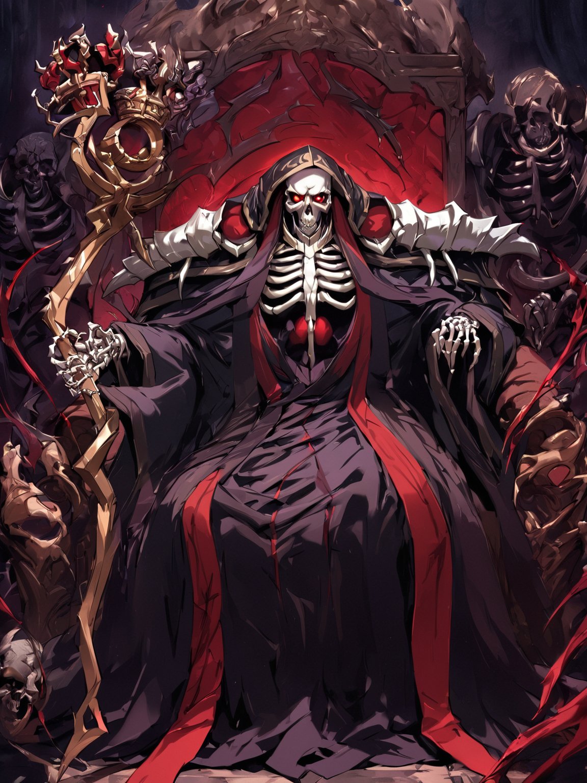 //Quality,
masterpiece, best quality, detailed
,//Character,
solo,
,//Fashion,
,//Background,
,//Others,
,ainz ooal gown \(overlord\), 1boy, red eyes, skull, skeleton, glowing, hood, shoulder armor, robe, staff, throne