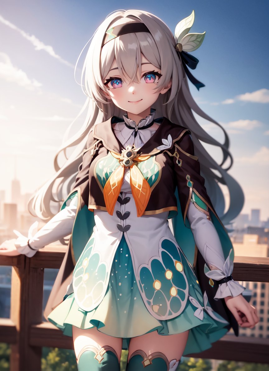 <lora:firefly:1> outdoors, sky,firefly \(honkai: star rail\), 1girl, solo, dress, black hairband, long sleeves, long hair, purple eyes, capelet, looking at viewer, smile, hair between eyes, grey hair, thighhighs, green thighhighs, black thighhighs, closed mouth, multicolored eyes, white sleeves,