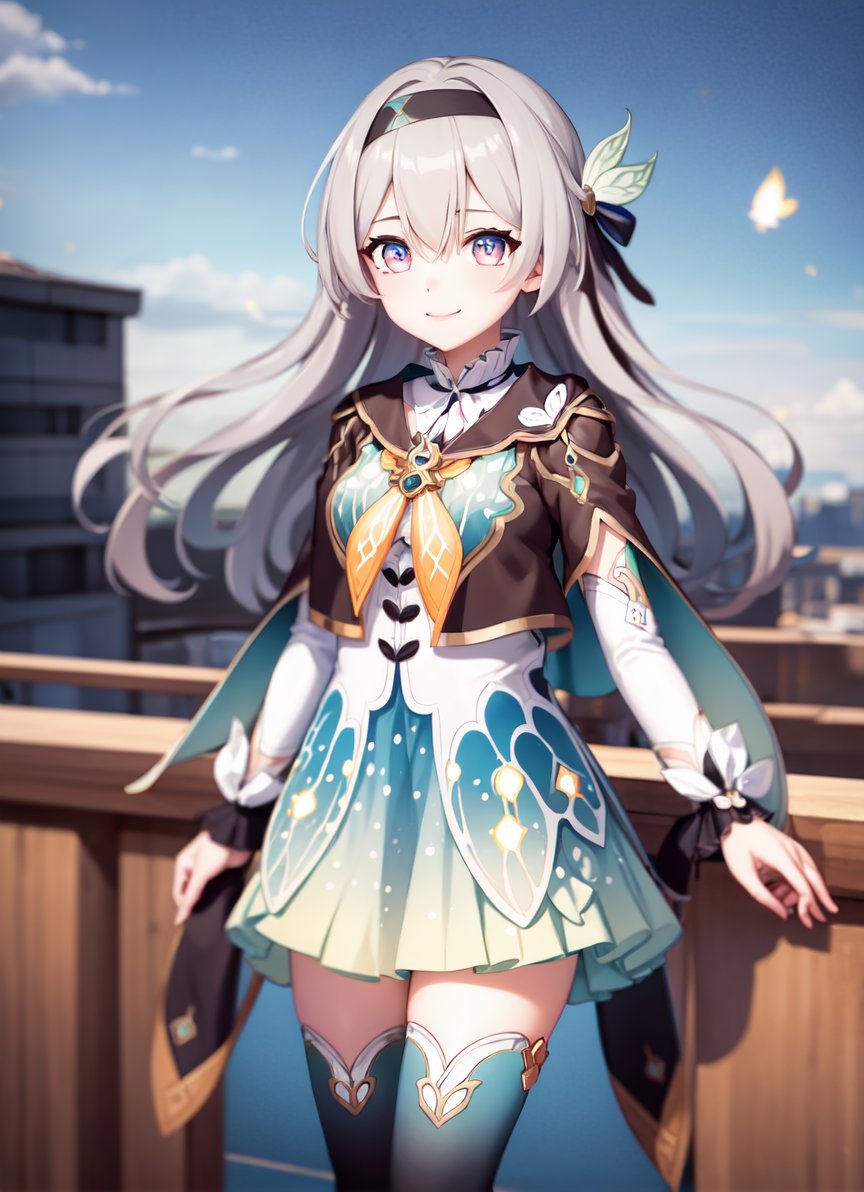 <lora:firefly:1> outdoors, sky,firefly \(honkai: star rail\), 1girl, solo, dress, black hairband, long sleeves, long hair, purple eyes, capelet, looking at viewer, smile, hair between eyes, grey hair, thighhighs, green thighhighs, black thighhighs, closed mouth, multicolored eyes, white sleeves,