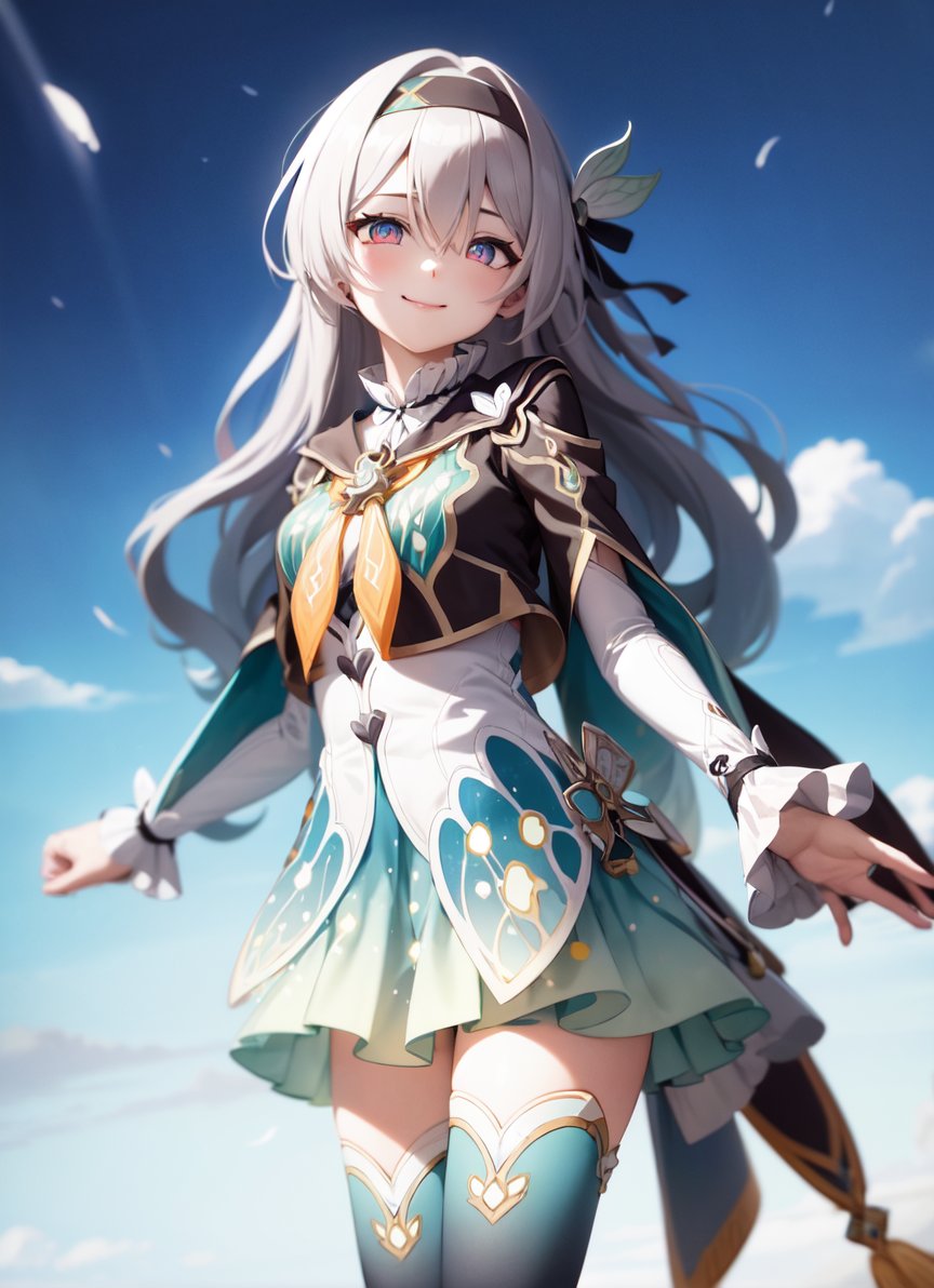 <lora:firefly:1> outdoors, sky,firefly \(honkai: star rail\), 1girl, solo, dress, black hairband, long sleeves, long hair, purple eyes, capelet, looking at viewer, smile, hair between eyes, grey hair, thighhighs, green thighhighs, black thighhighs, closed mouth, multicolored eyes, white sleeves,