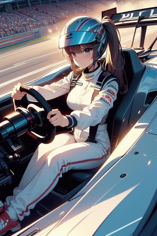 (((masterpiece))), (((best quality))), (((driving a formula racing))), ((fingers on steering wheel)), sitting on driver's seat, sharp eyes, ((helmet)), uniform, (((speed lines))), ((electricity)), ((spiral wind)), solo, 1girl, (big tits), twintails, sweat, slim figure, <lora:girllikeformularacing_V16:1>