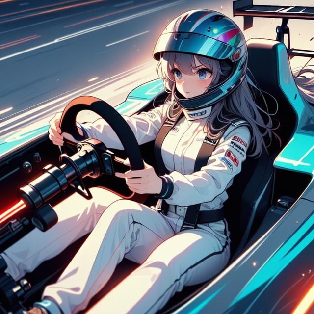 (((masterpiece))), (((best quality))), (((from front))), ((driving a formula racing)), (((fingers on steering wheel))), sitting on driver's seat, sharp eyes, ((helmet)), uniform, (((speed lines))), ((electricity)), ((neon lights)), solo, 1girl, big tits, longhair, sweat, slim figure, <lora:girllikeformularacing_V16:1>