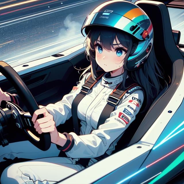 (((masterpiece))), (((best quality))), (((from front))), ((driving a formula racing)), ((hands on round steering wheel)), sitting on driver's seat, sharp eyes, ((helmet)), uniform, (((speed lines))), ((electricity)), ((neon lights)), solo, 1girl, big tits, longhair, sweat, slim figure, <lora:girllikeformularacing_V16:1>