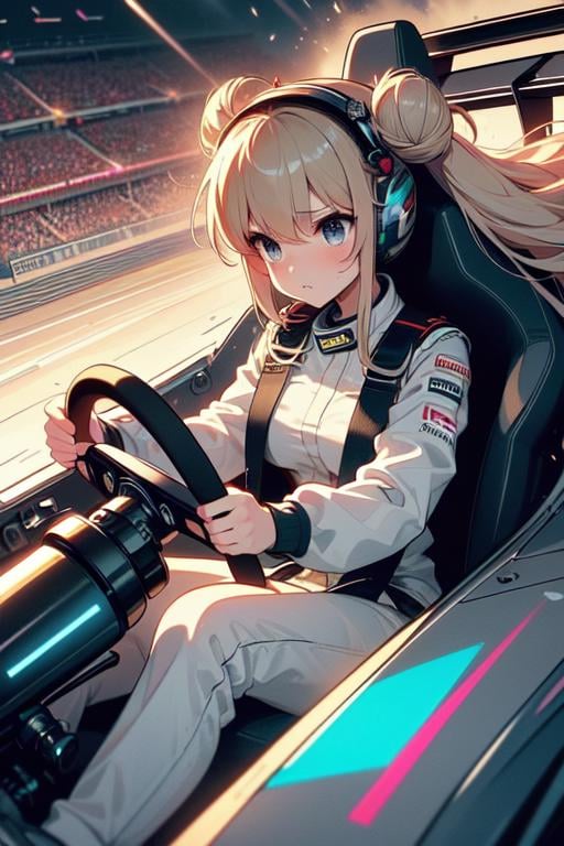 (((masterpiece))), (((best quality))), (((from front))), (((driving a formula racing))), ((fingers on (steering wheel))), sitting on cockpit, sharp eyes, helmet, dark gray jacket, gray uniform, speed lines, electric current, spiral wind, neon lights, dust, spark, shards, 1girl, big tits, blonde twinbun hair, sweat, slim figure, big turn, <lora:girllikeformularacing_v20:1>