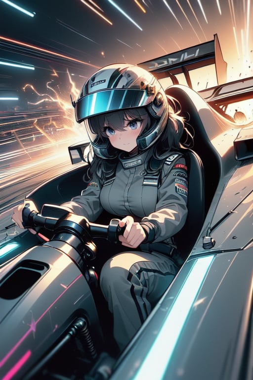 (((masterpiece))), (((best quality))), (((drifting))), (((driving a formula racing))), ((fingers on (steering wheel))), ))sitting on cockpit)), ((sharp eyes)), ((helmet)), ((dark gray jacket)), (((gray uniform)), ((speed lines)), ((electric current)), ((spiral wind)), ((neon lights)), ((dust)), ((spark)), ((shards)), 1girl, big tits, black longhair, sweat, slim figure, big turn,<lora:girllikeformularacing_v20:1>