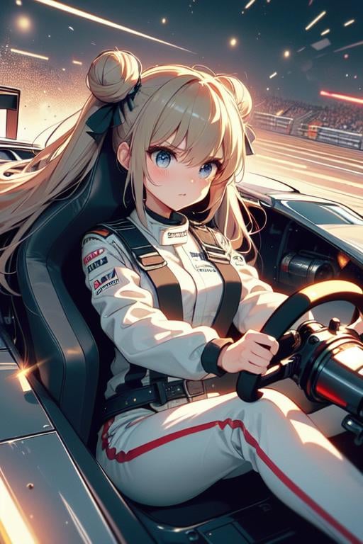 (((masterpiece))), (((best quality))), (((from front))), (((driving a formula racing))), ((fingers on (steering wheel))), sitting on cockpit, sharp eyes, helmet, dark gray jacket, gray uniform, speed lines, electric current, spiral wind, neon lights, dust, spark, shards, 1girl, big tits, blonde twinbun hair, sweat, slim figure, big turn, <lora:girllikeformularacing_v20:1>