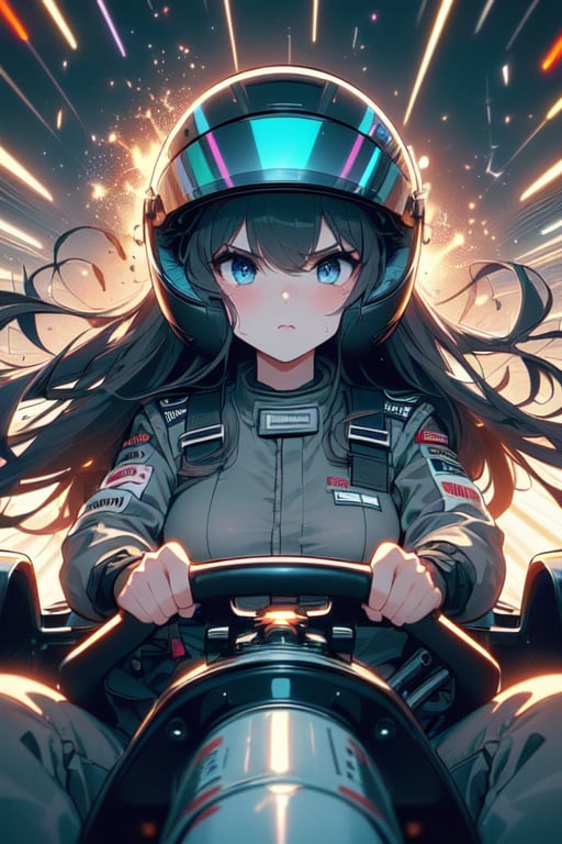 (((masterpiece))), (((best quality))), (((drifting))), (((driving a formula racing))), ((fingers on (steering wheel))), ))sitting on cockpit)), ((sharp eyes)), ((helmet)), ((dark gray jacket)), (((gray uniform)), ((speed lines)), ((electric current)), ((spiral wind)), ((neon lights)), ((dust)), ((spark)), ((shards)), 1girl, big tits, black longhair, sweat, slim figure, big turn,<lora:girllikeformularacing_v20:1>