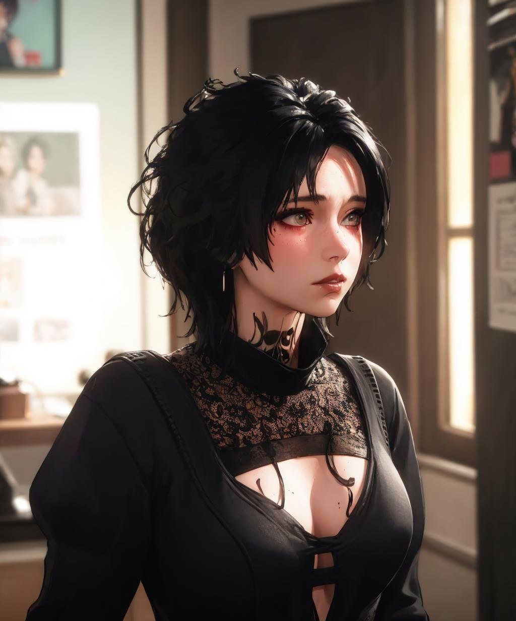 evelyn, black hair, messy hair, short hair, blurry, clothing cutout, blurry background, upper body, solo, <lora:evelyn-05:0.8>