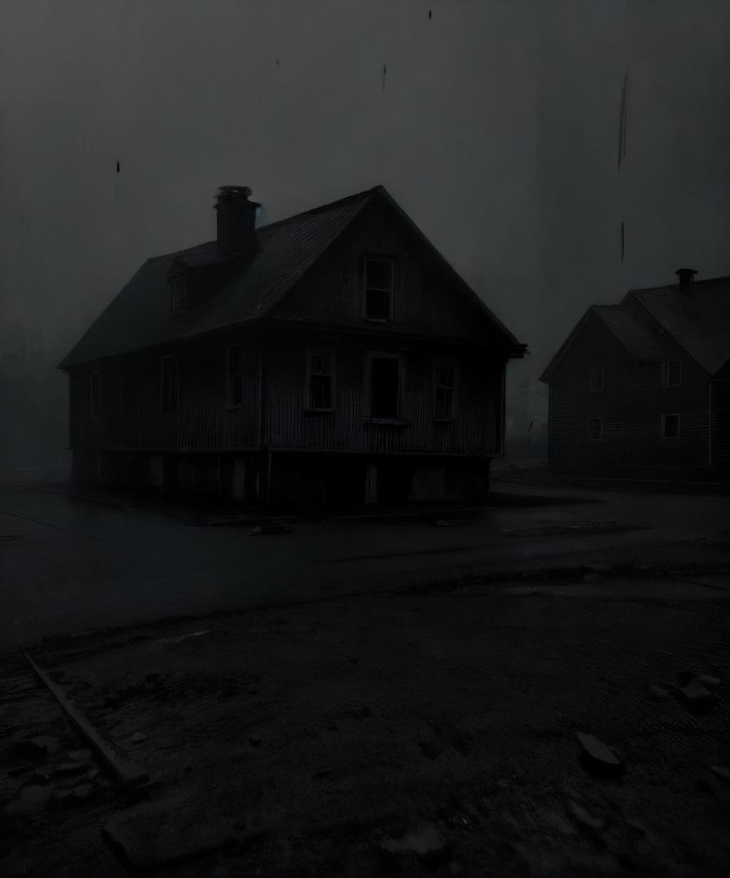 horror \(theme\), monochrome, greyscale, dark, monochrome, greyscale, dark, outdoors, no humans, building, scenery, rain, house, <lora:morbid_darkness_v2-08:1>